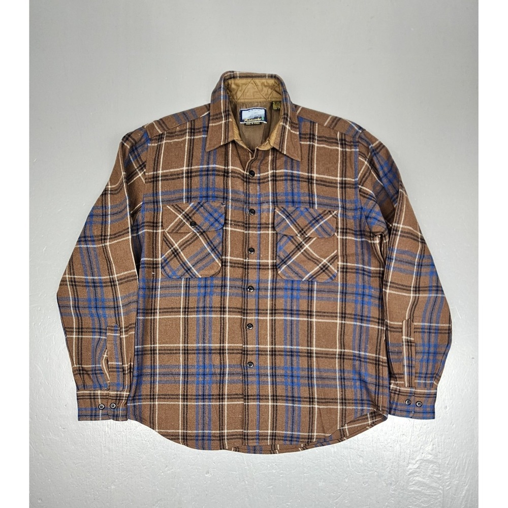 Vintage Fieldmaster Button Up Shirt Mens‎ Large Brown Plaid Wool Blend Flannel